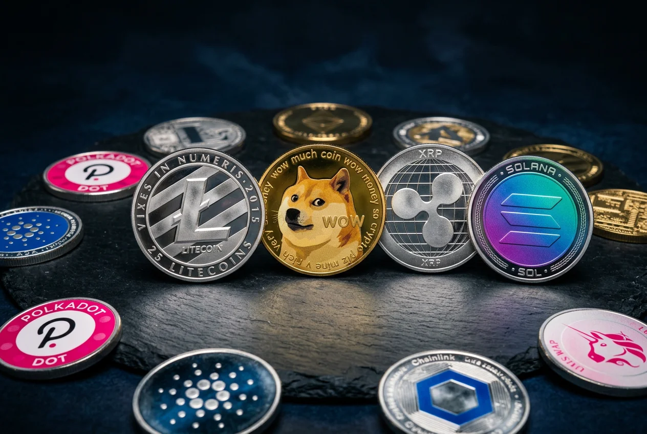 Sammlung verschiedener Krypto-Münzen Litecoin Dogecoin XRP auf dunklem Hintergrund
