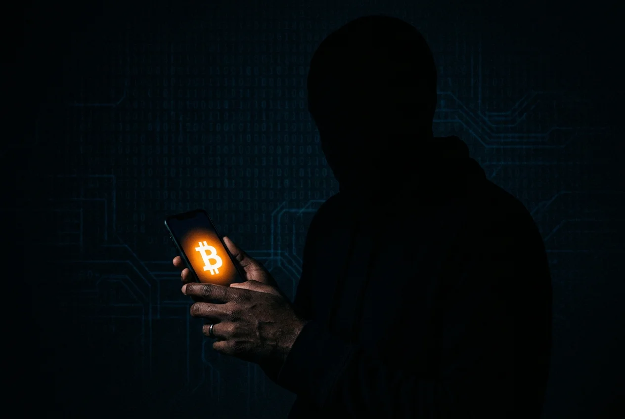 Person im Schatten hält Smartphone mit Bitcoin-Symbol auf dem Bildschirm