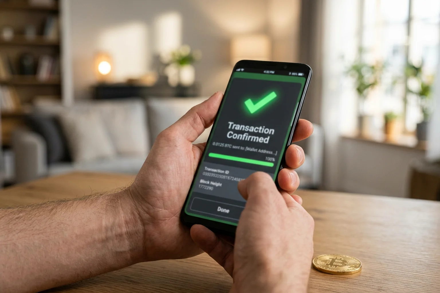 Bitcoin-Transaktion auf Smartphone-Bildschirm mit Bestätigungshäkchen