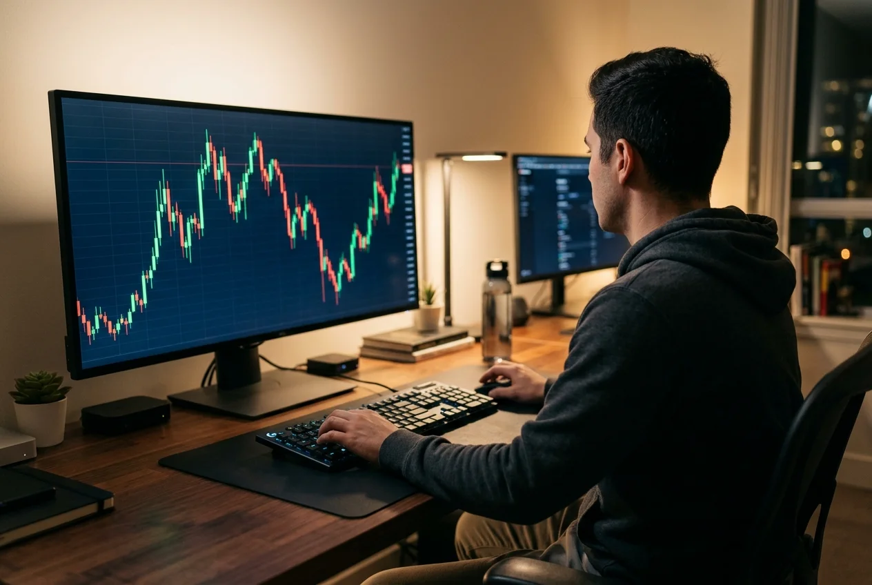 Händler analysiert Bitcoin-Kurschart am Bildschirm