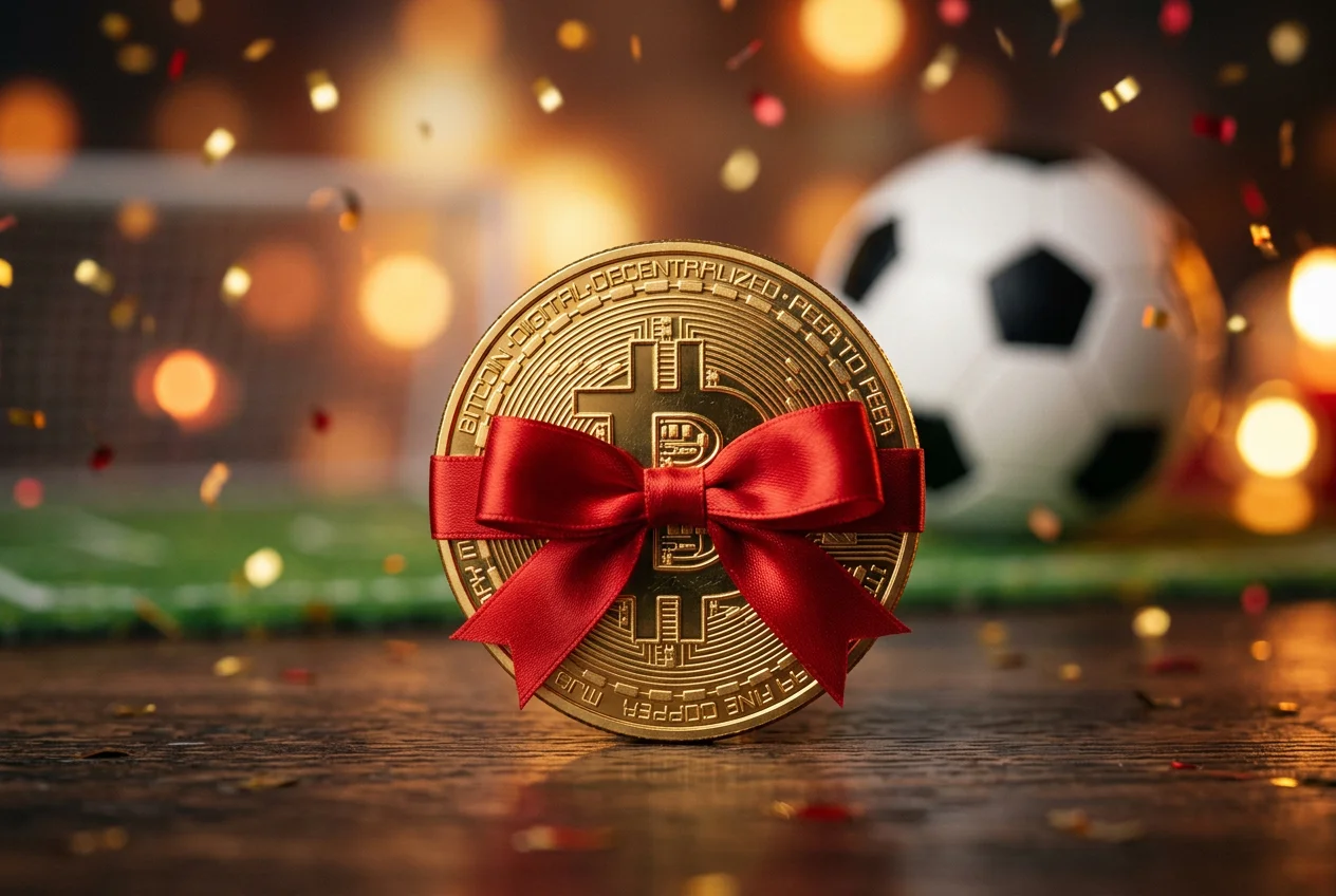 Goldene Bitcoin-Münze mit Geschenkband auf Sportwetten-Hintergrund