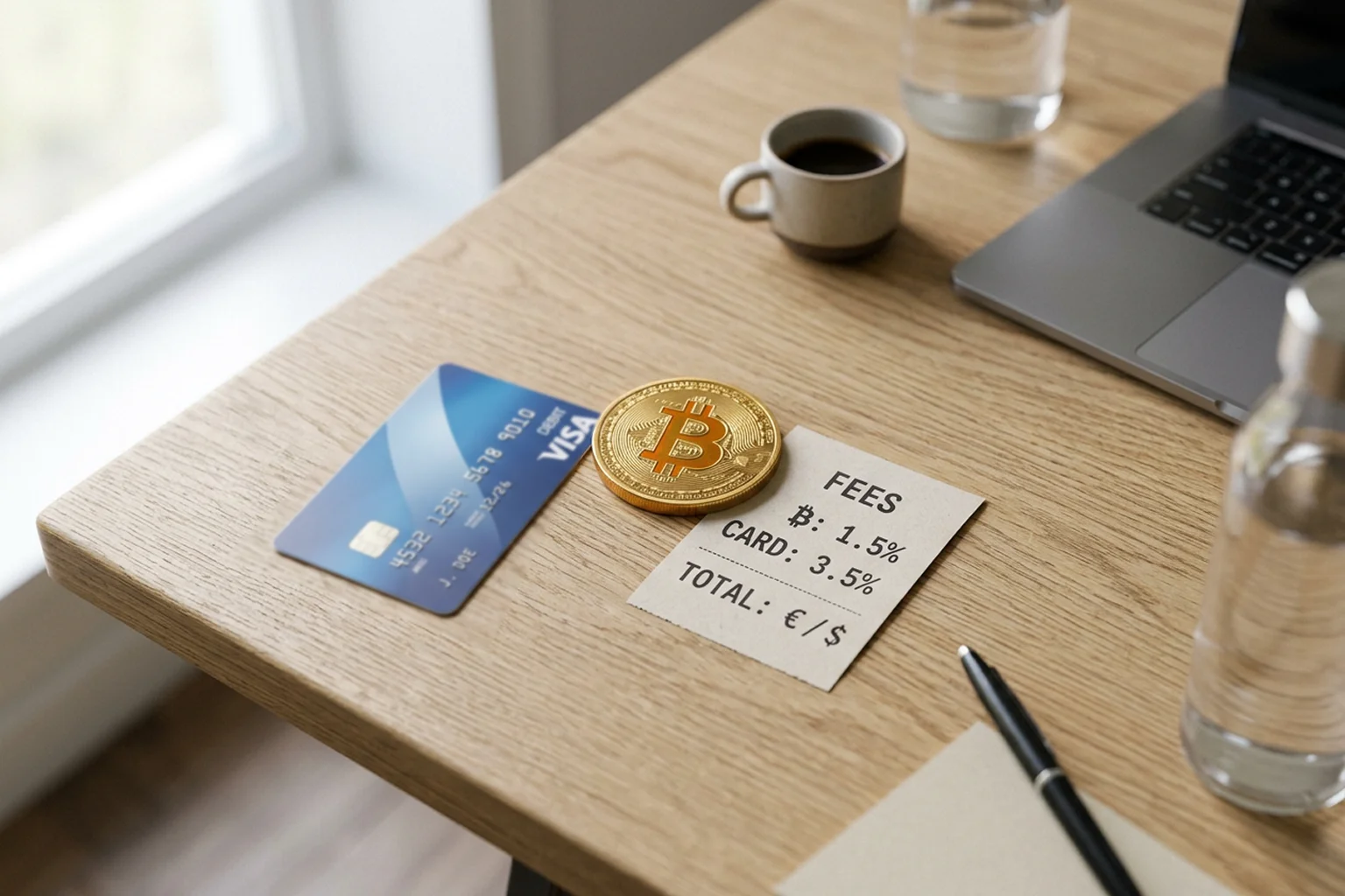 Bitcoin-Münze neben Kreditkarte auf Tisch – Kostenvergleich Sportwetten