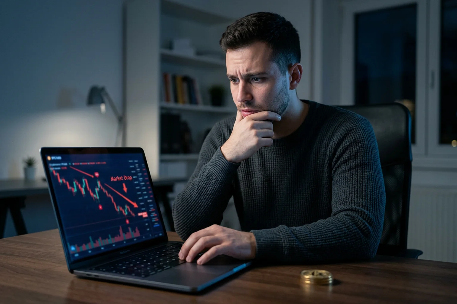 Person blickt besorgt auf schwankenden Krypto-Chart auf Laptop-Bildschirm