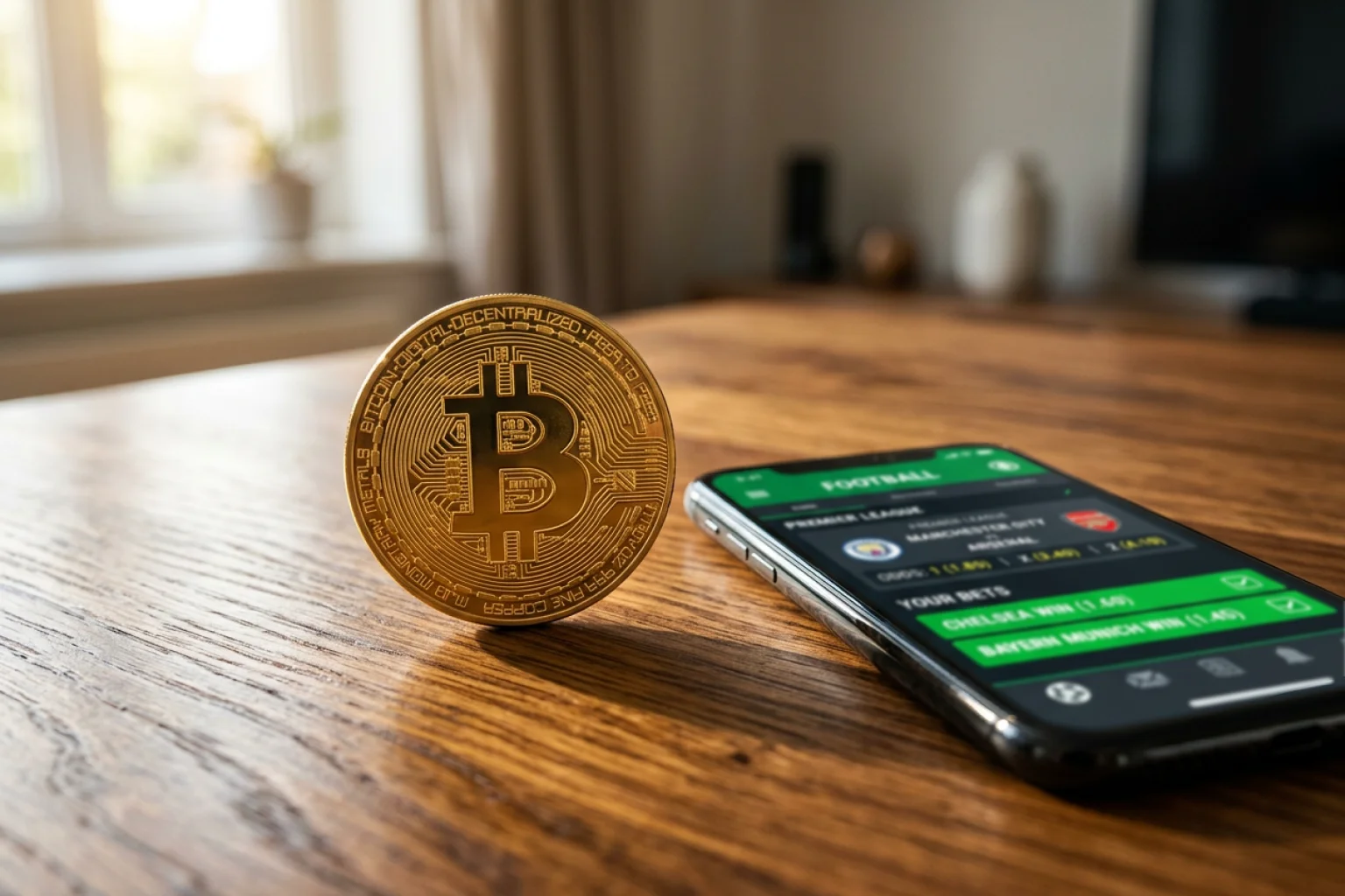 Bitcoin-Münze und Smartphone mit Sportwetten-App auf einem Holztisch
