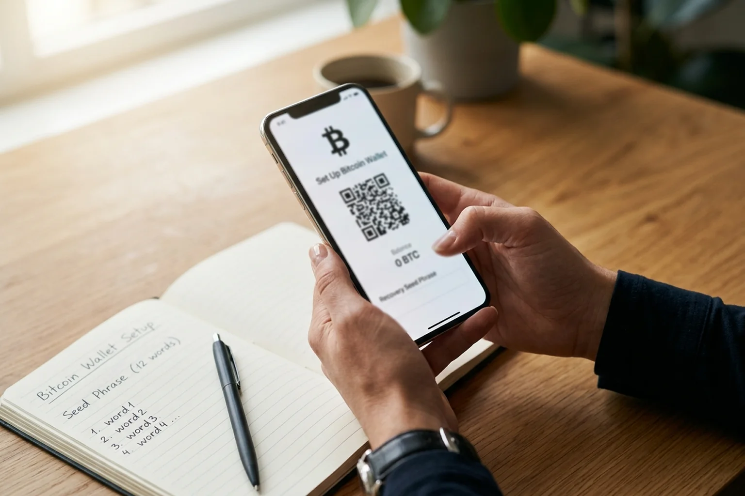 Smartphone mit Bitcoin Wallet App — Schritt-für-Schritt Einrichtung