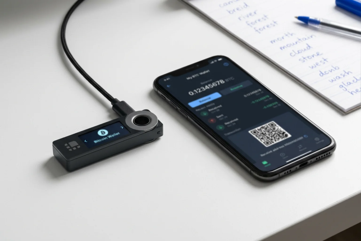 Hardware-Wallet und Smartphone mit Wallet-App nebeneinander auf Schreibtisch