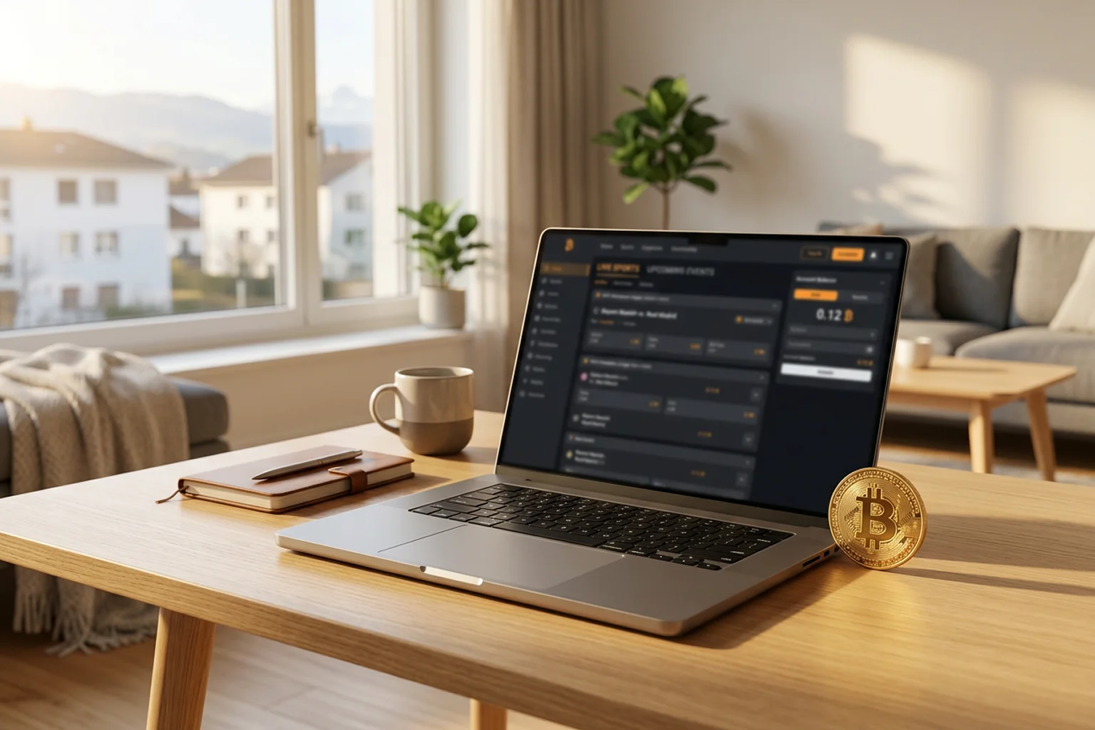 Bitcoin Sportwetten Schweiz — Laptop mit Krypto-Wettplattform und Bitcoin-Münze