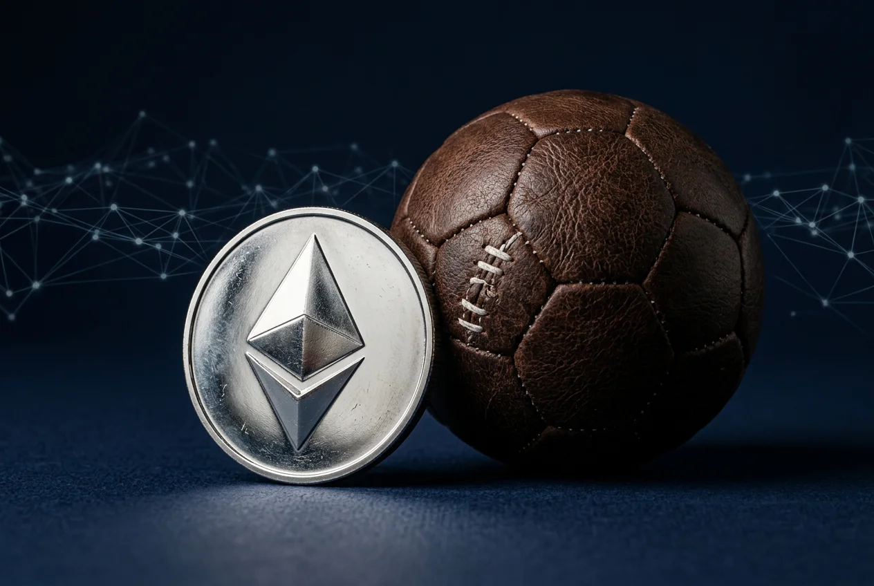 Ethereum-Logo neben Fussball auf blauem technischem Hintergrund