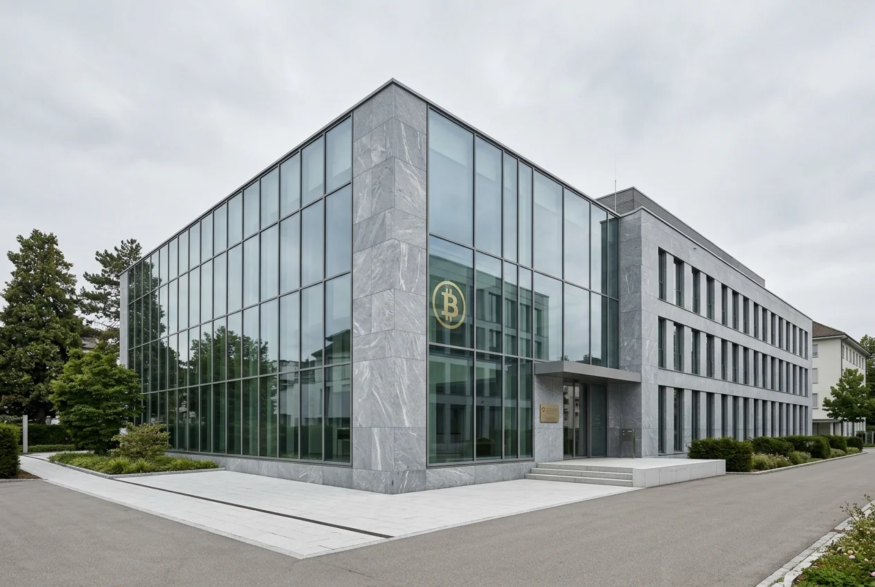 FINMA-Gebäude in Bern mit Bitcoin-Symbol