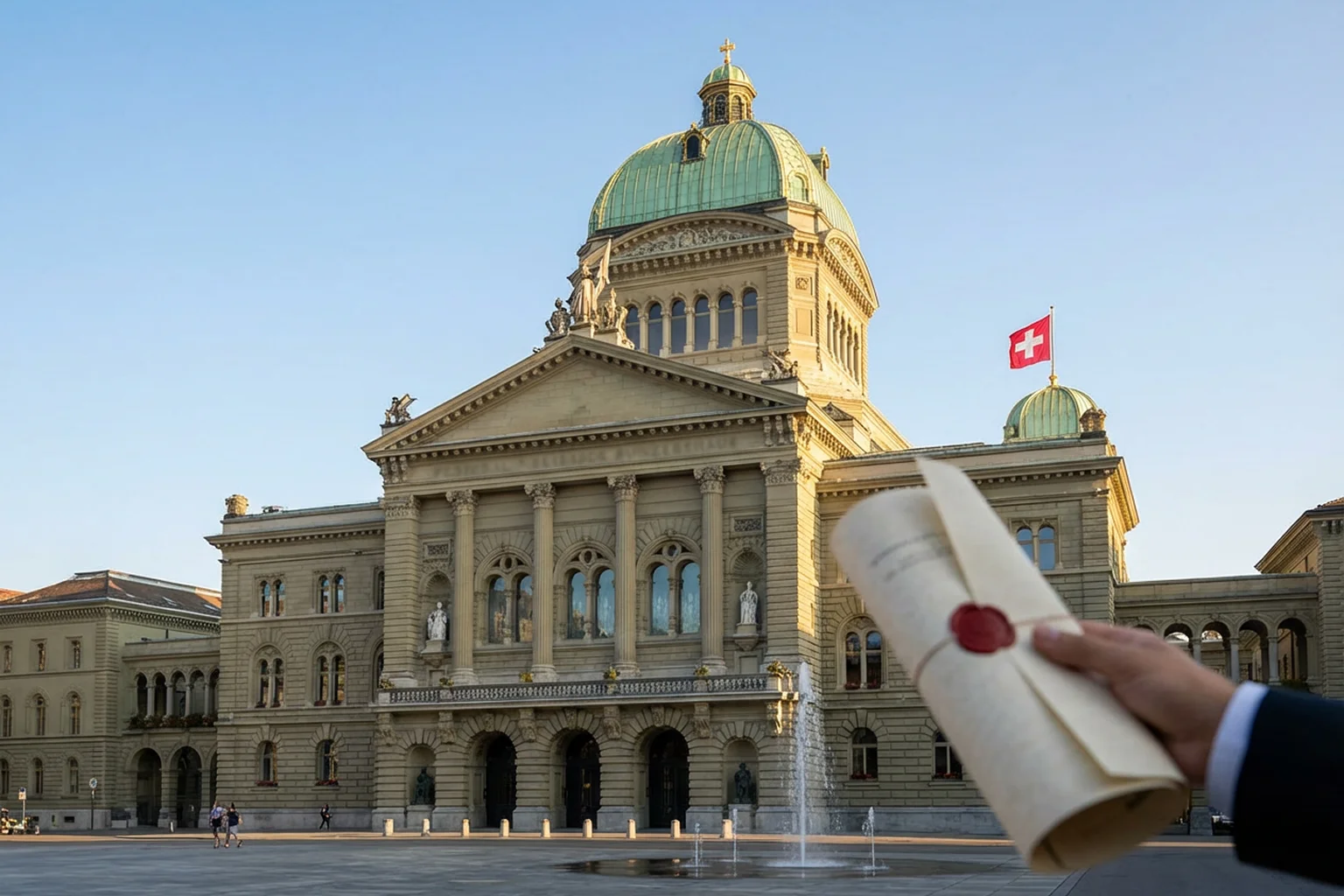 Schweizer Bundeshaus mit Gesetzestext und Waage der Gerechtigkeit