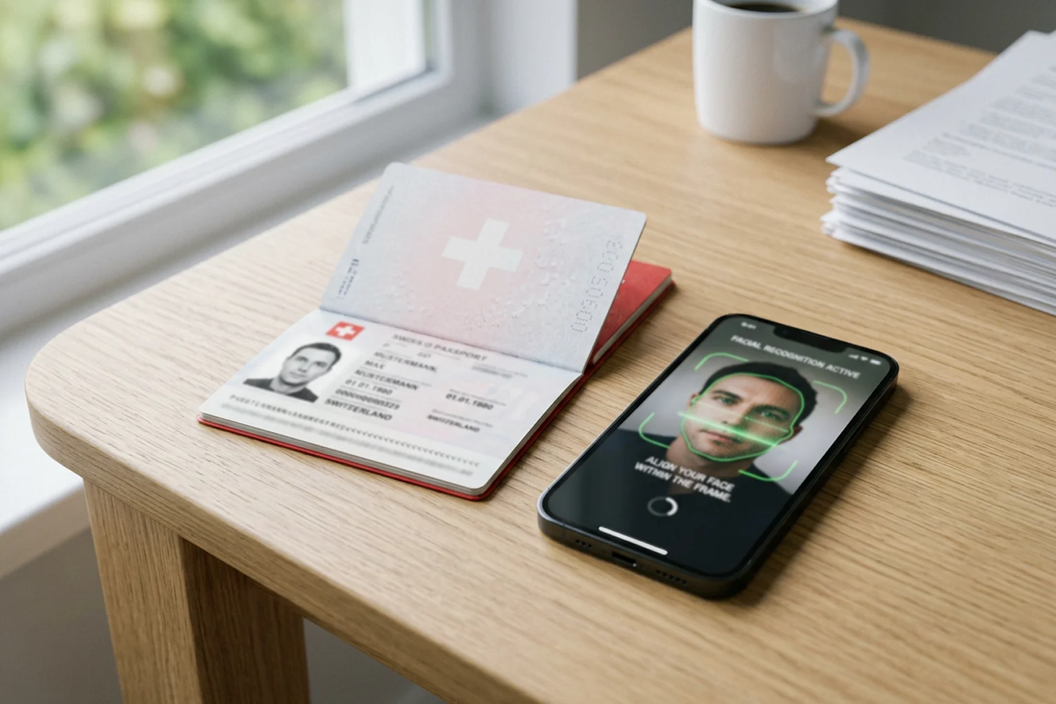 Reisepass und Smartphone mit Gesichtserkennung auf Schreibtisch
