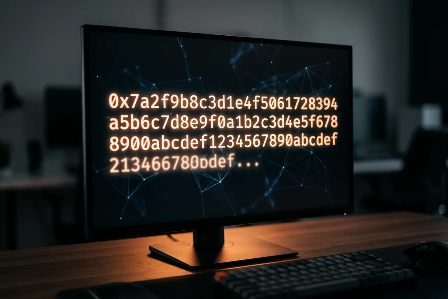 Digitaler Hash-Code auf Bildschirm mit Blockchain-Symbolen