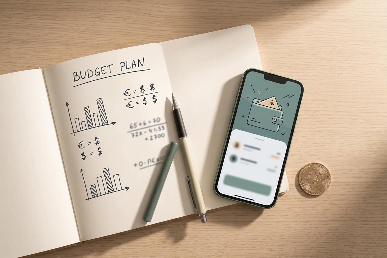 Notizbuch mit Budget-Plan neben Bitcoin-Wallet auf Schreibtisch