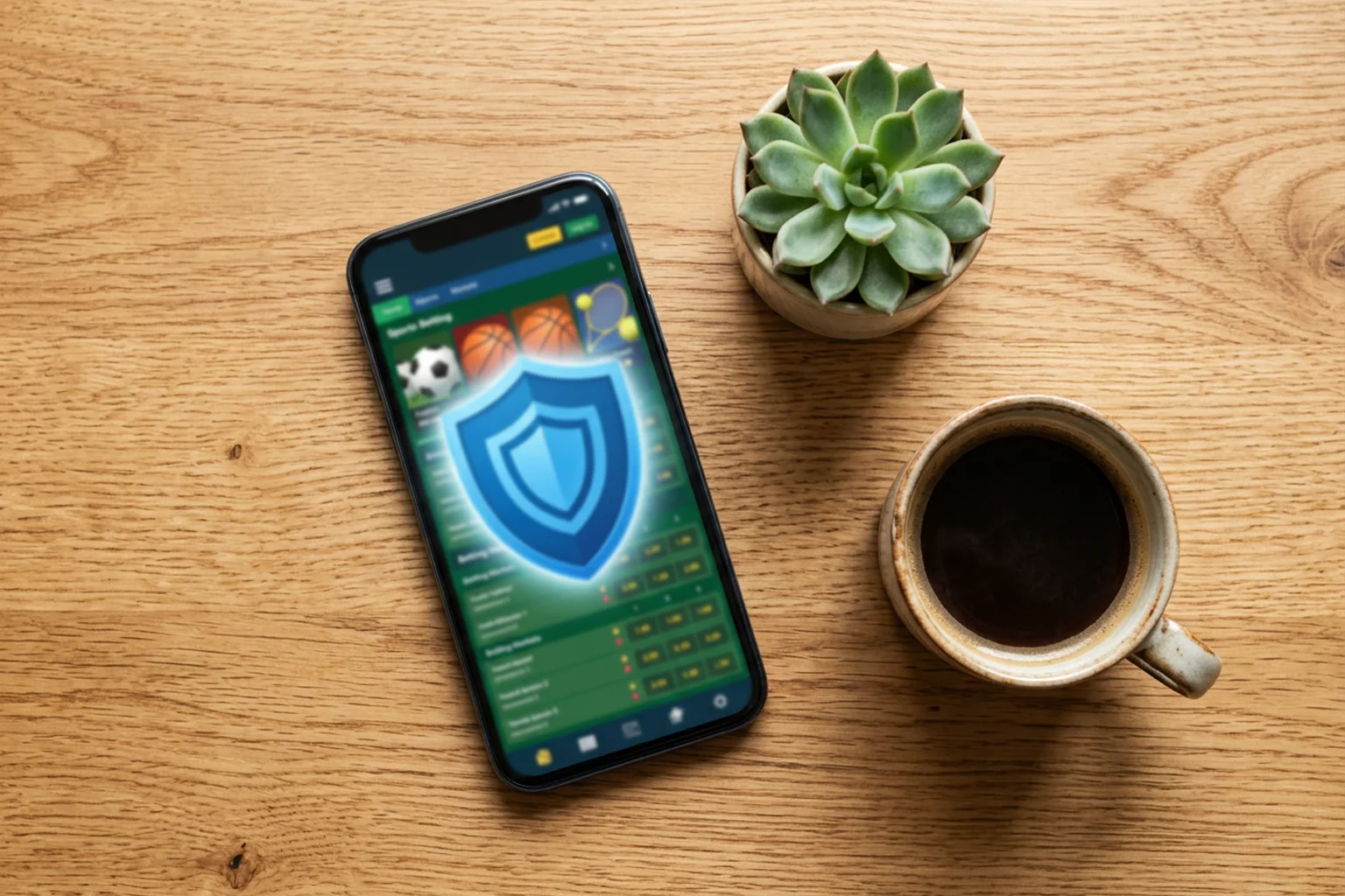 Schutzschild-Symbol über Smartphone mit Sportwetten-App