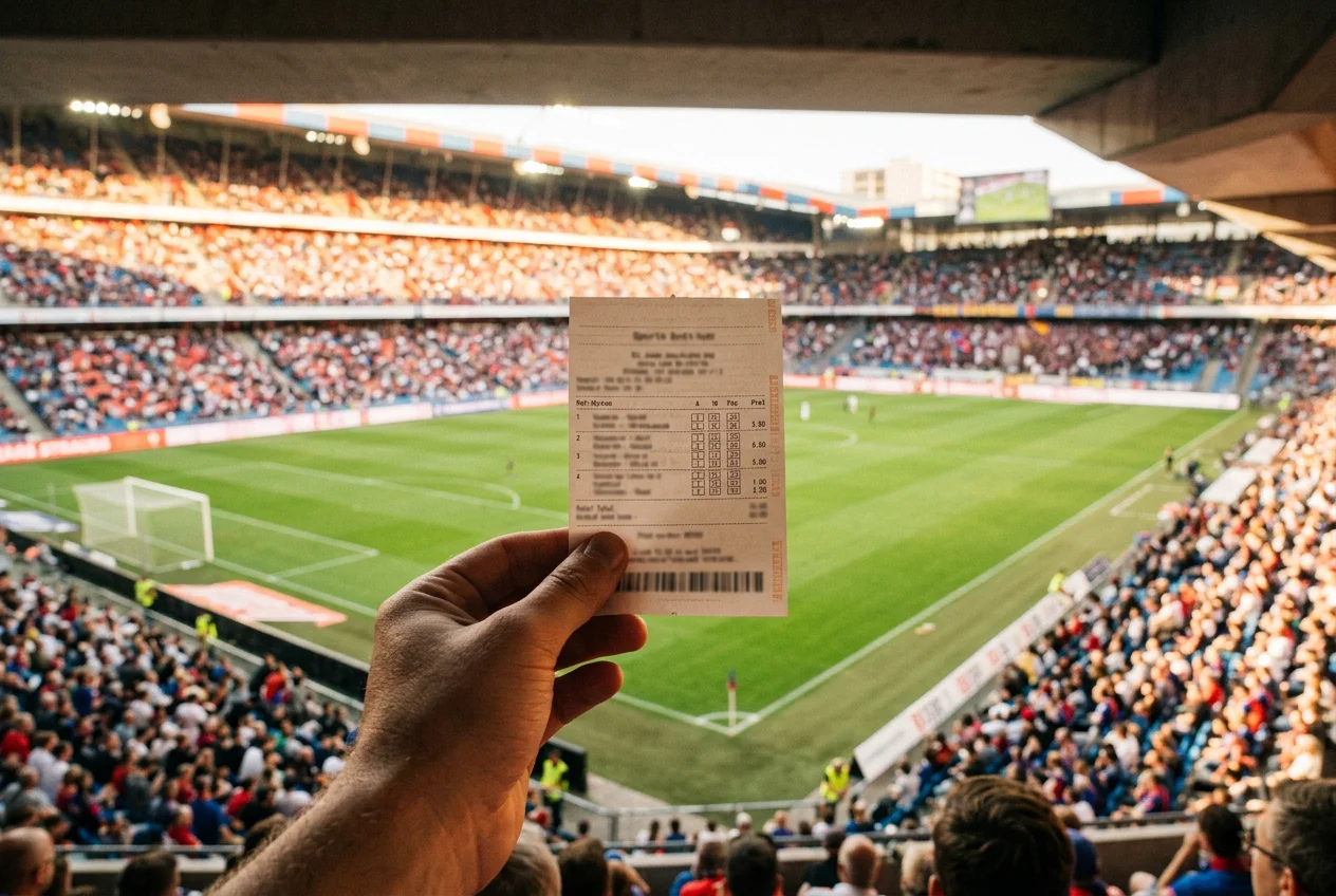 Schweizer Fussballstadion mit Wettschein und Swisslos-Logo