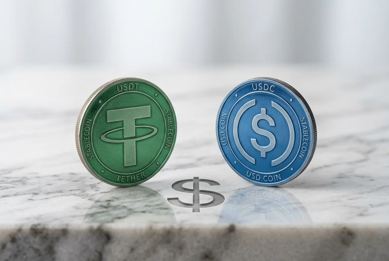 USDT- und USDC-Münzen auf stabilem Untergrund mit Dollar-Symbolen